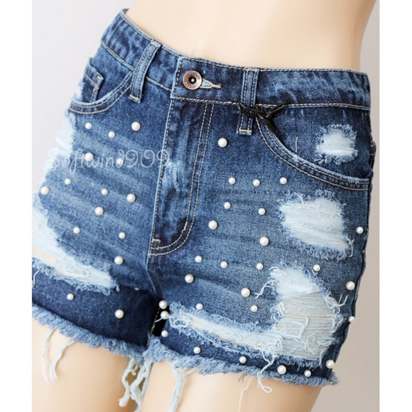 Last☝️Blue Pearl Distressed Fray High Waist Shorts - Picture 2 of 8